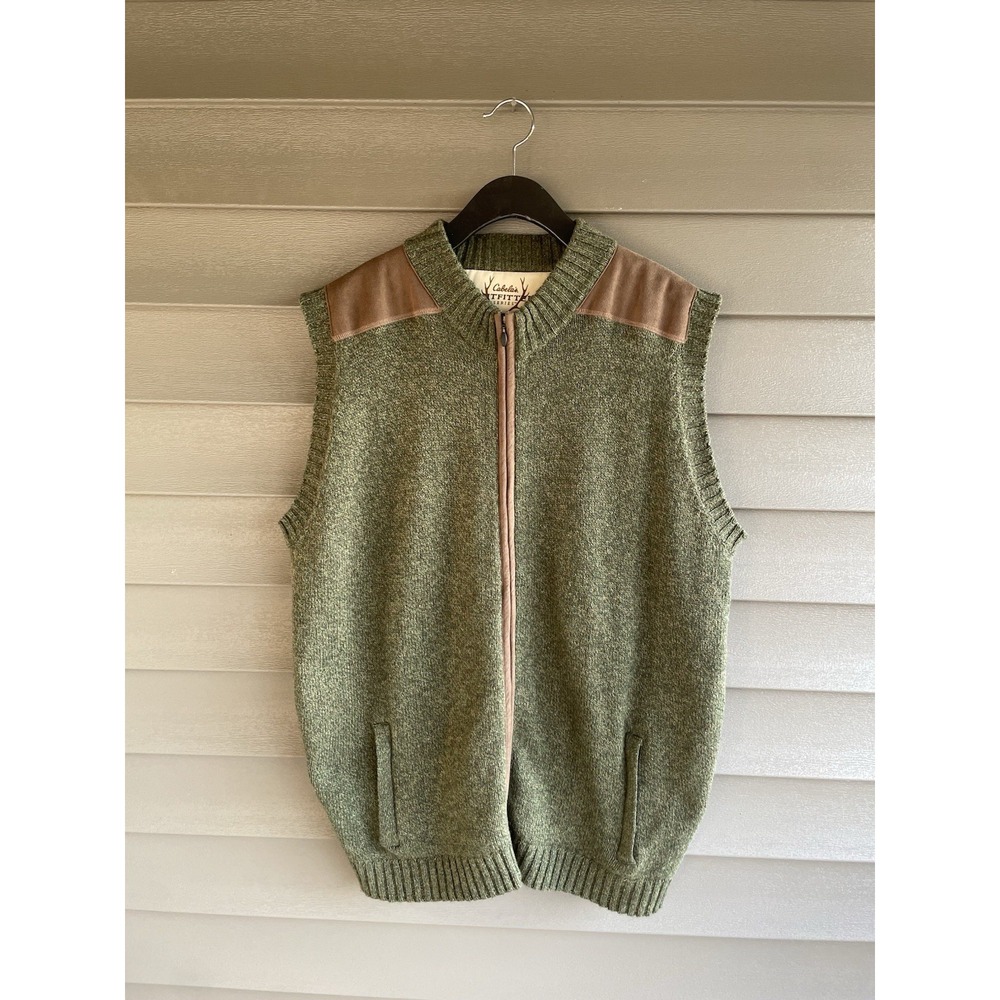 Cabelas Outfitter Series Mens XL Green Wool Blend Full Zip Shooting Sweater Vest